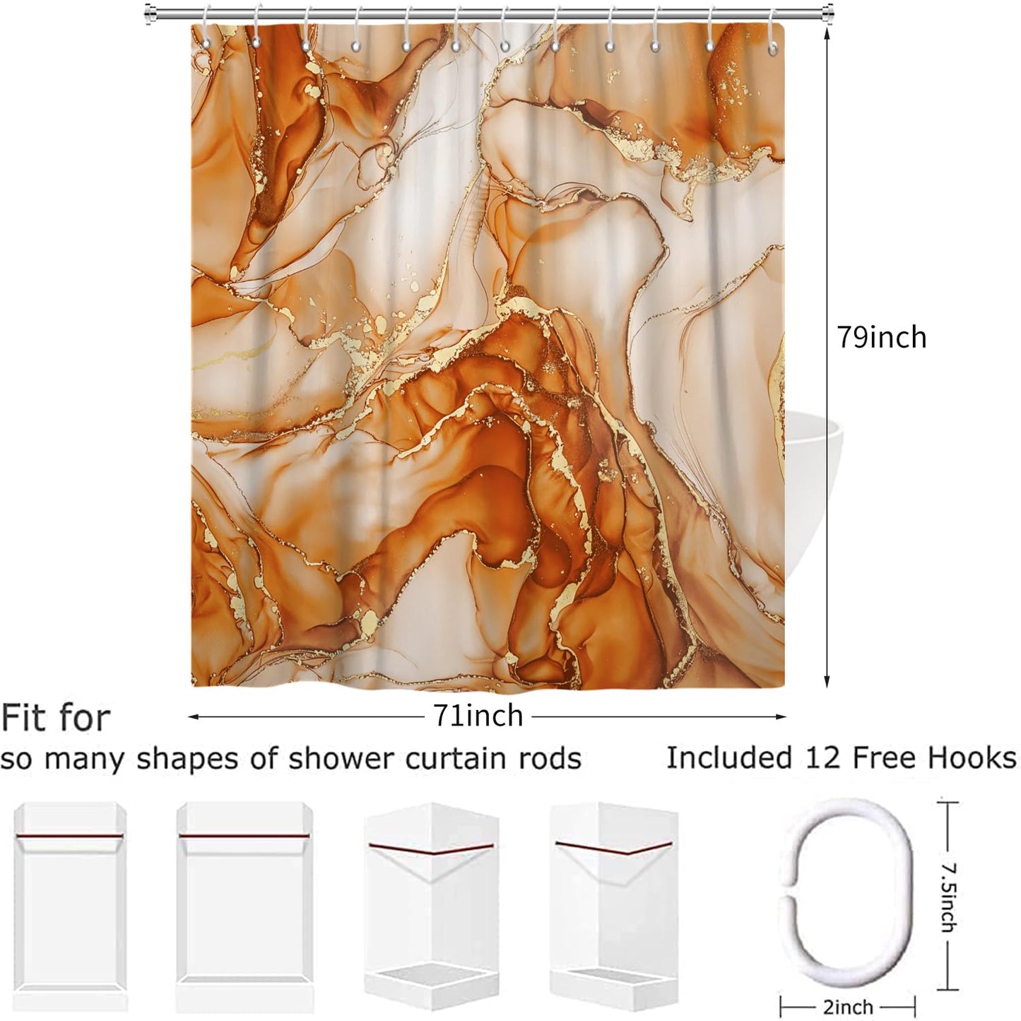 Hnmdmyi Marble Shower Curtain 180x200, Orange Gold Abstract Marble Bathroom Curtains Luxury Modern Aesthetic Art Ink Texture Waterproof Polyester