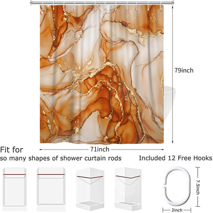 Hnmdmyi Marble Shower Curtain 180x200, Orange Gold Abstract Marble Bathroom Curtains Luxury Modern Aesthetic Art Ink Texture Waterproof Polyester