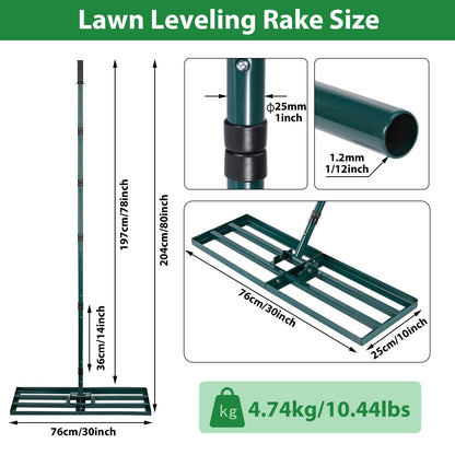 Signstek Lawn Leveling Rake, Stainless Steel Lawn Leveler with 30? x 10? Ground Plate, 76.7? Adjustment Long Handle, Level Lawn Tool for Grass, Golf