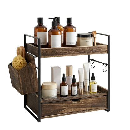 Bathroom Counter Organizer with Drawer and Basket, Wooden Skincare Holder