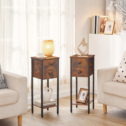 HOOBRO Narrow Bedside Table Set of 2, Slim Bedside Table, Telephone Table with 2 Drawers, Tall Side Table with Metal Frame, Small Nightstand with Open