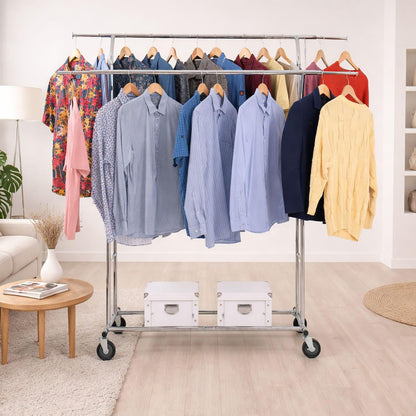Tatkraft Denver - Heavy Duty Double Clothes Rail on Wheels, Holds Up to 242 Lbs (110 Kg), SET UP WITHIN 1 MINUTE, Chromed steel