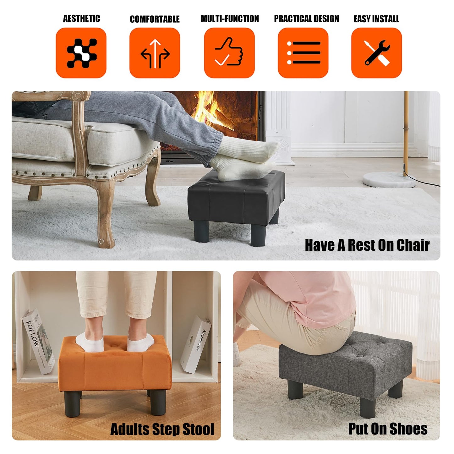 BRIAN & DANY Small Foot Stool, Faux Leather Footstool with Legs, Footstools for Living Room, Footrest Extra Seating for Entryway, Black