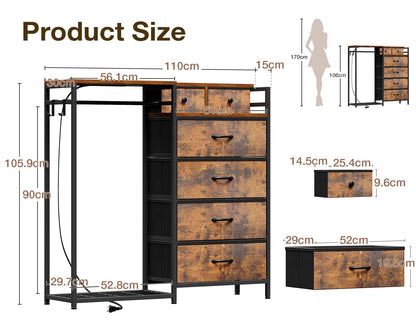 Coleshome Chest of Drawers Bedroom with Hanging Rail, 110x30x106cm, Vintage
