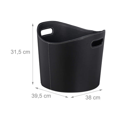 Relaxdays Faux Leather Firewood Basket, Sturdy Log Storage Bin with Handles, Size L, Black, Cardboard, 31.5 x 39.5 x 38 cm