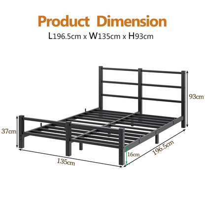HAHRIR 16cm Low Profile 4ft6 Double Bed Frame with Metal Headboard, Black