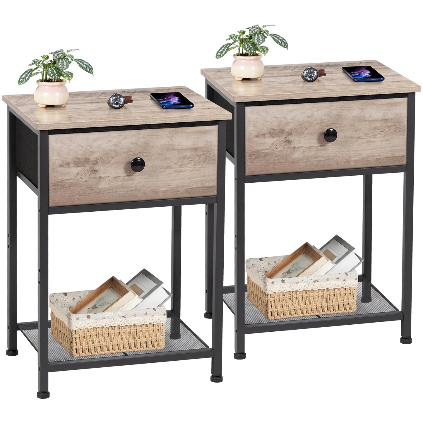AMHANCIBLE Bedside Table, Side Tables Set of 2 with Fabric Drawer, Sofa Table with Storage Shelf, Nightstand with Metal Frame