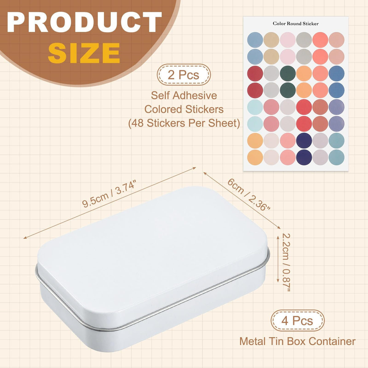 sourcing map 4Pcs Metal Tin Box Container, 3.7x2.4x0.9 Rectangular Empty Box with Self Adhesive Colored Stickers