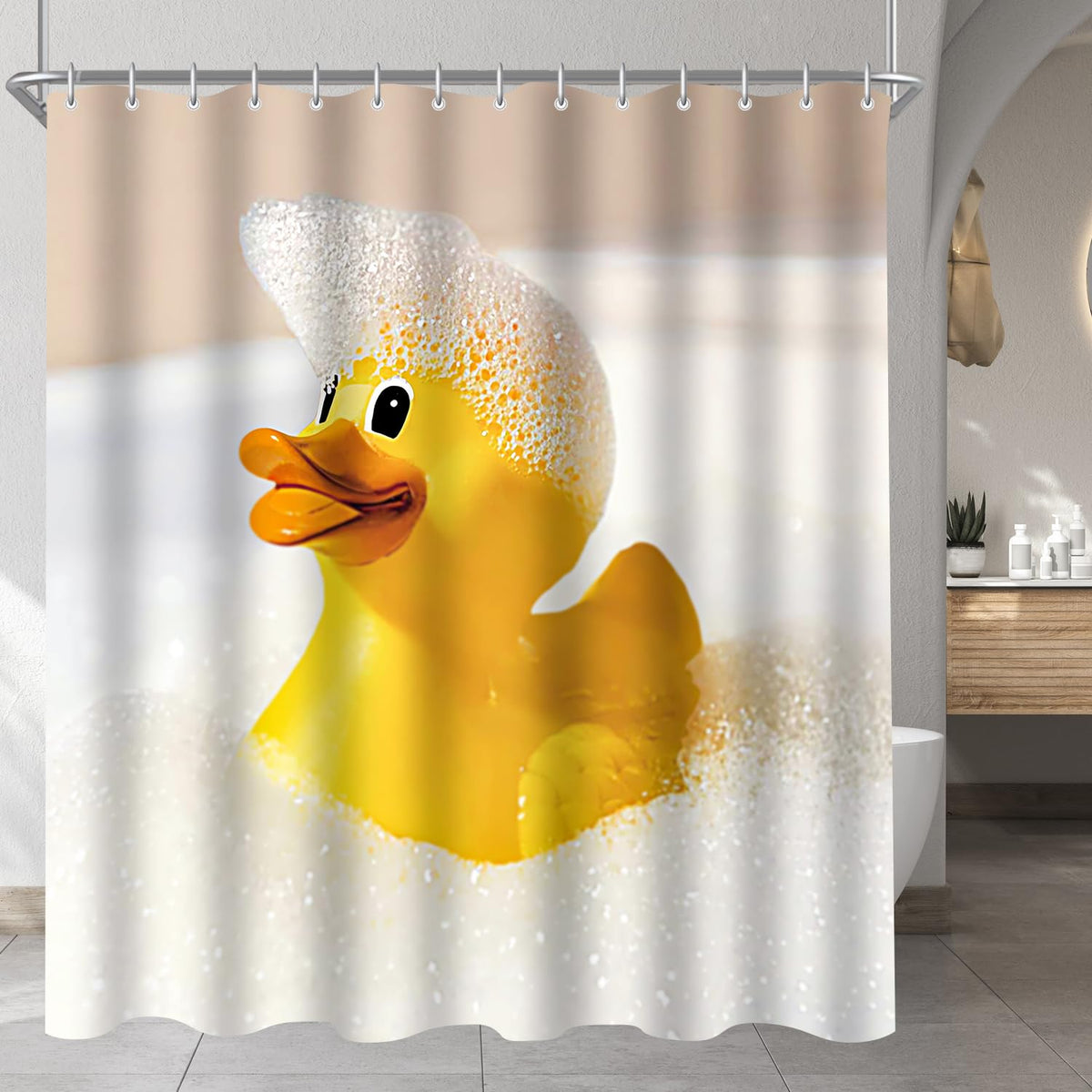 Lerores Shower Curtain, 220 x 200 cm, Yellow Duck, Weighted Hem, Anti-Mould Textile, Water-Repellent