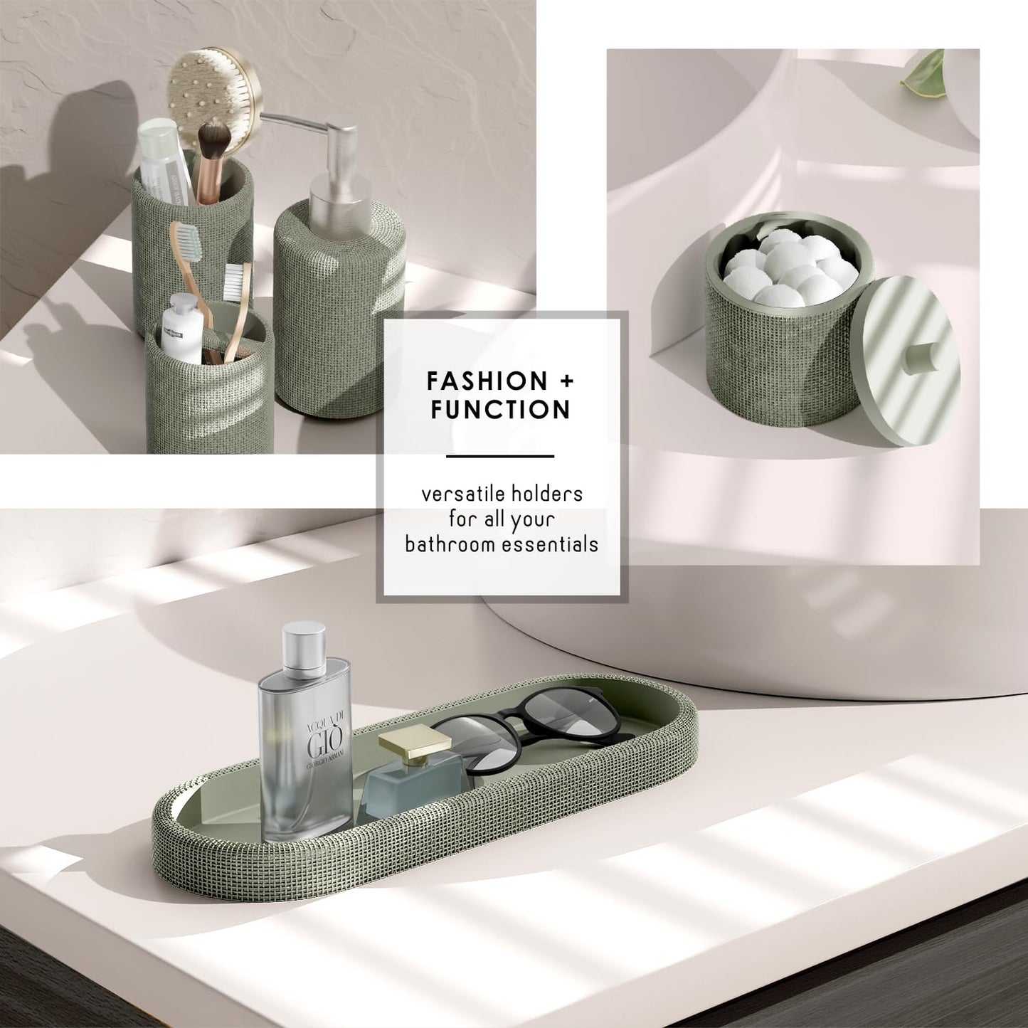 Clara Clark Bathroom Set - Sage Green Bathroom Accessories Set, 5PC Bathroom Accessory Set, Bathroom Sets with Soap Dispenser, Toothbrush Holder