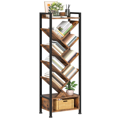 HOOBRO Tree Bookshelf with Storage, 9-Tier Floor Standing Shelf with Upper Shelf & Compartment, Tall CD/DVD/Book Organiser, for Living Room, Bedroom