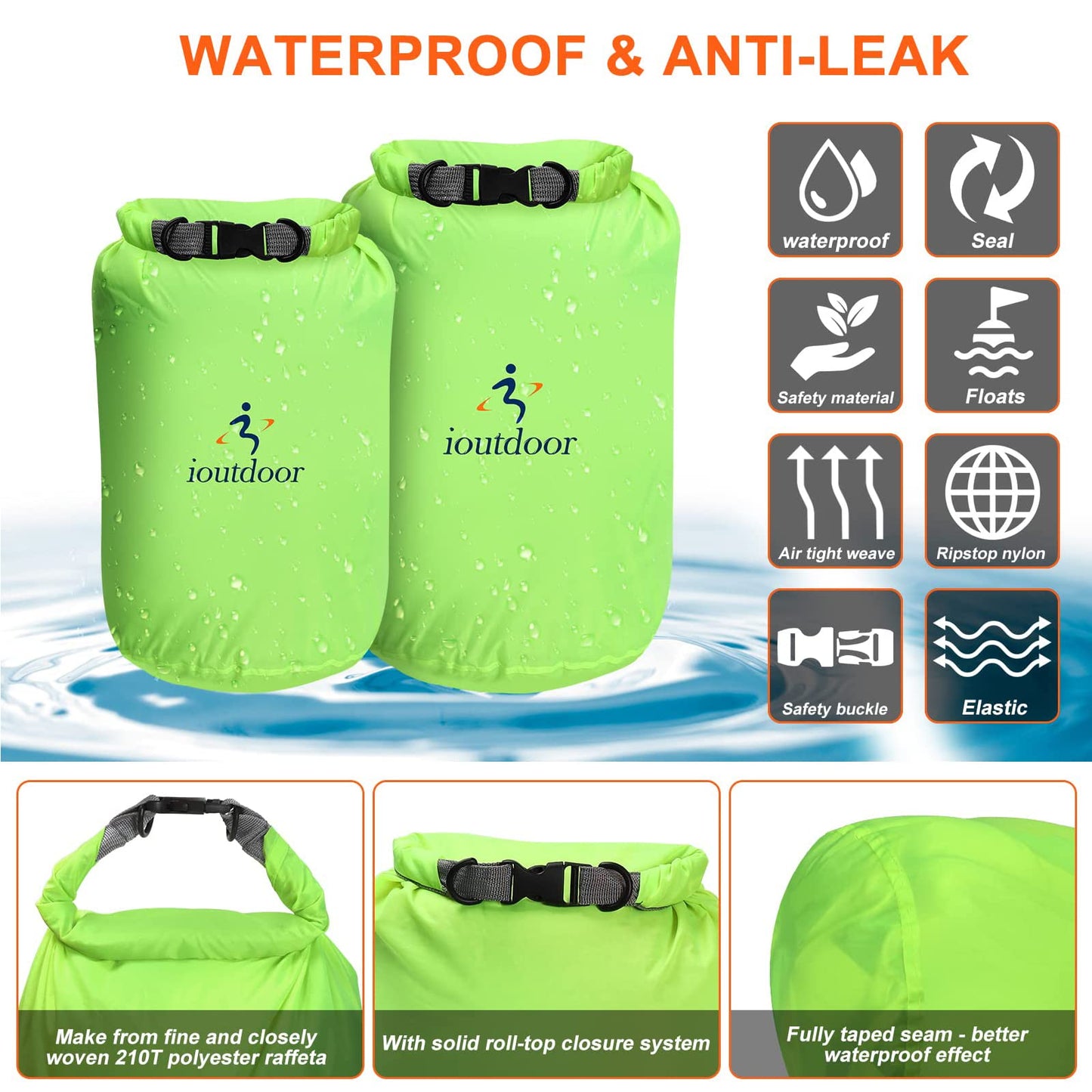 ioutdoor Dry Bag Set 2L + 5L + 10L + 20L+ 40L+ 70L Waterproof Small Lightweight Dry Bags for Paddle Board Kayaking Swimming Fishing Camping Hiking