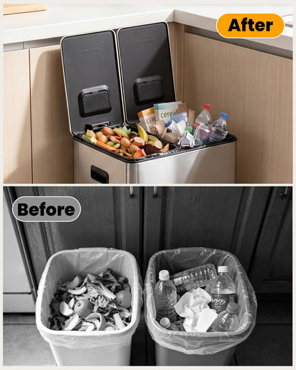 Kitchen Bin, 40L Double Bin, Tall Slim 2 x 20L Stainless Steel Pedal Bin, Dual Bin Rubbish Recycling with Soft-Close Lids and Plastic Inner Buckets
