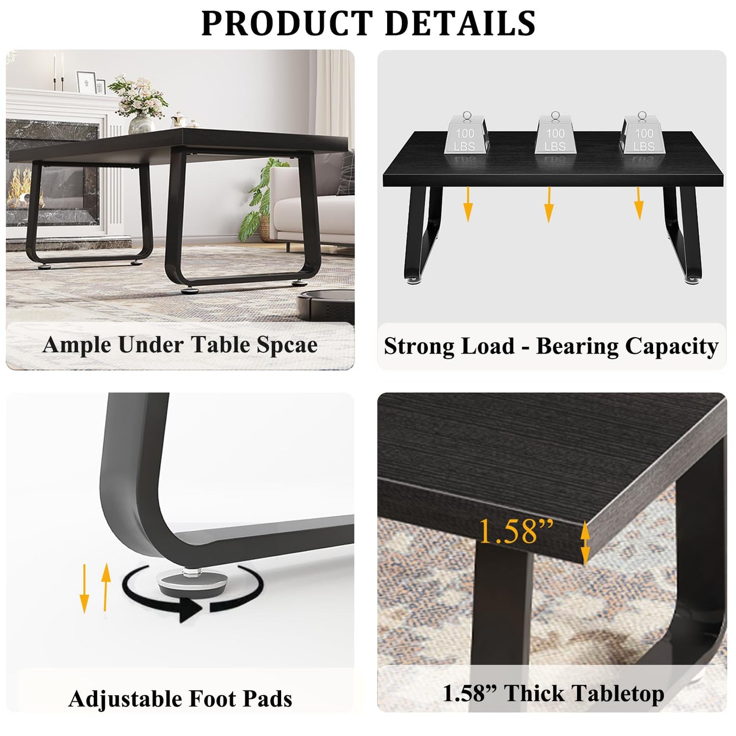 HSH Black Oak Coffee Table, 60D×120W×46.5H cm, Rustic Industrial Wooden Coffee Table for Living Room Bedroom Office