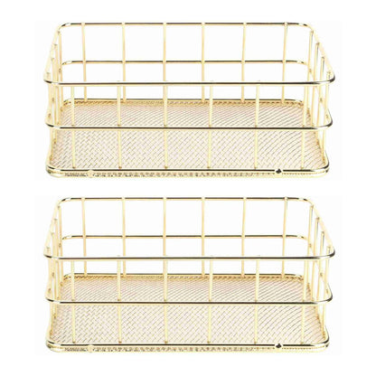 Hapivida 2 Pcs Wire Storage Basket, 17x12x6cm Golden Desktop Metal Storage Basket Iron Grid Storage Tray Net Organizer Bins for Kitchen, Pantry