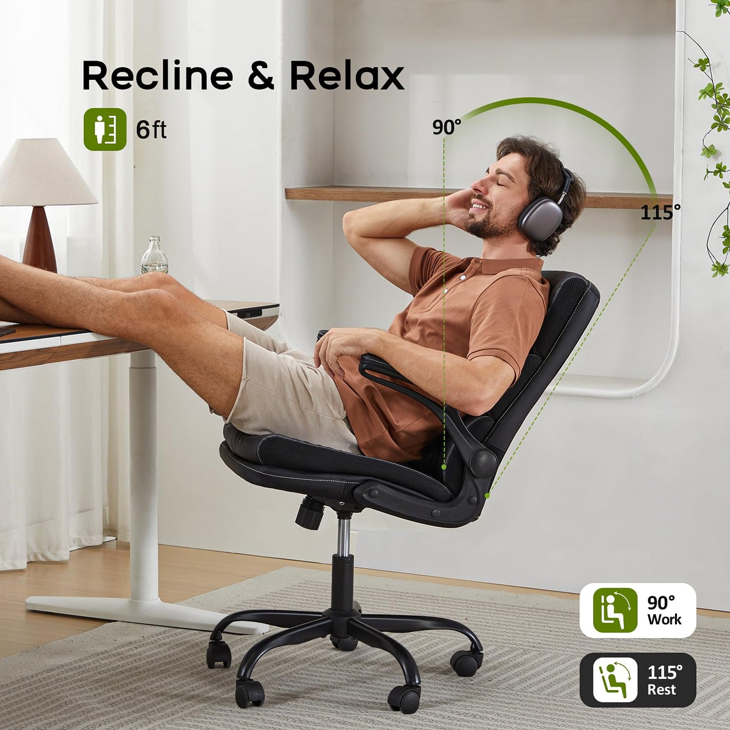 LukkDys Executive Office Chair with Flip-Up Armrests, 3-Stage Lumbar Support, Ergonomic Mid Back PU Leather Swivel Chair
