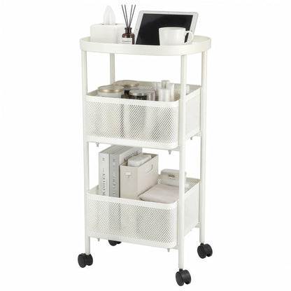 PLSOPPKG 3 Tier Rolling Cart, Metal Utility Storage Carts with Wheels, Craft Cart Organizer, Mesh Basket for Bedside Kitchen Office Art, Milky White
