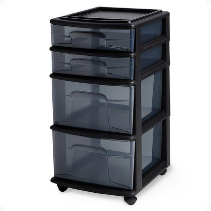 HOMZ Drawer Tower, 4-Tier Clear Plastic Storage Organizer Cart, Black Frame - Rolling Drawer Containers with Wheels for Bathroom, Bedroom, Office