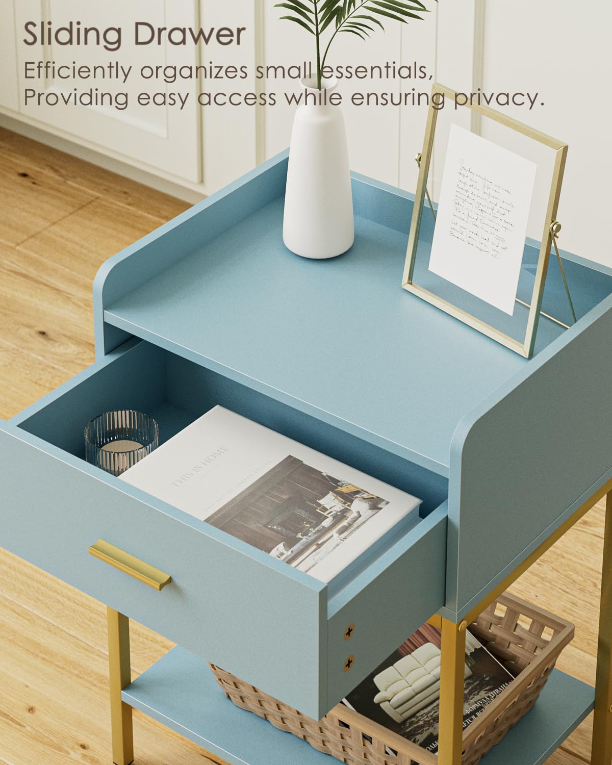 HEYZOEY Bedside Table, 3-tier Modern Bedside Table with Storage Drawer and Shelf, Small Side Table for Bedroom, Living Room, Blue