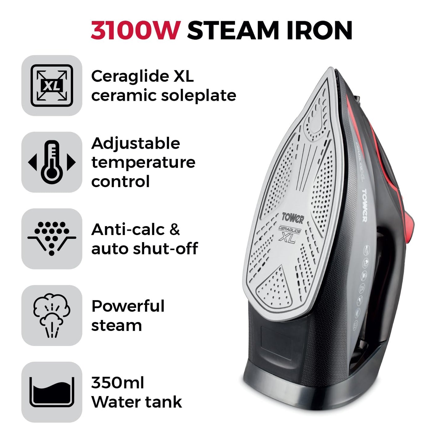 Tower T22032RED Steam Iron with Ceraglide XL Ceramic Soleplate, Adjustable Temperature Control, Anti-Drip & Anti-Calc, Auto Shut Off 350ml Water Tank,