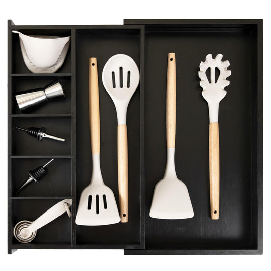 Grehge ustable Kitchen Drawer Organiser for Utensils and Junk, Expandable to 28 Inches Wide, 9 Compartments, 100% Bamboo