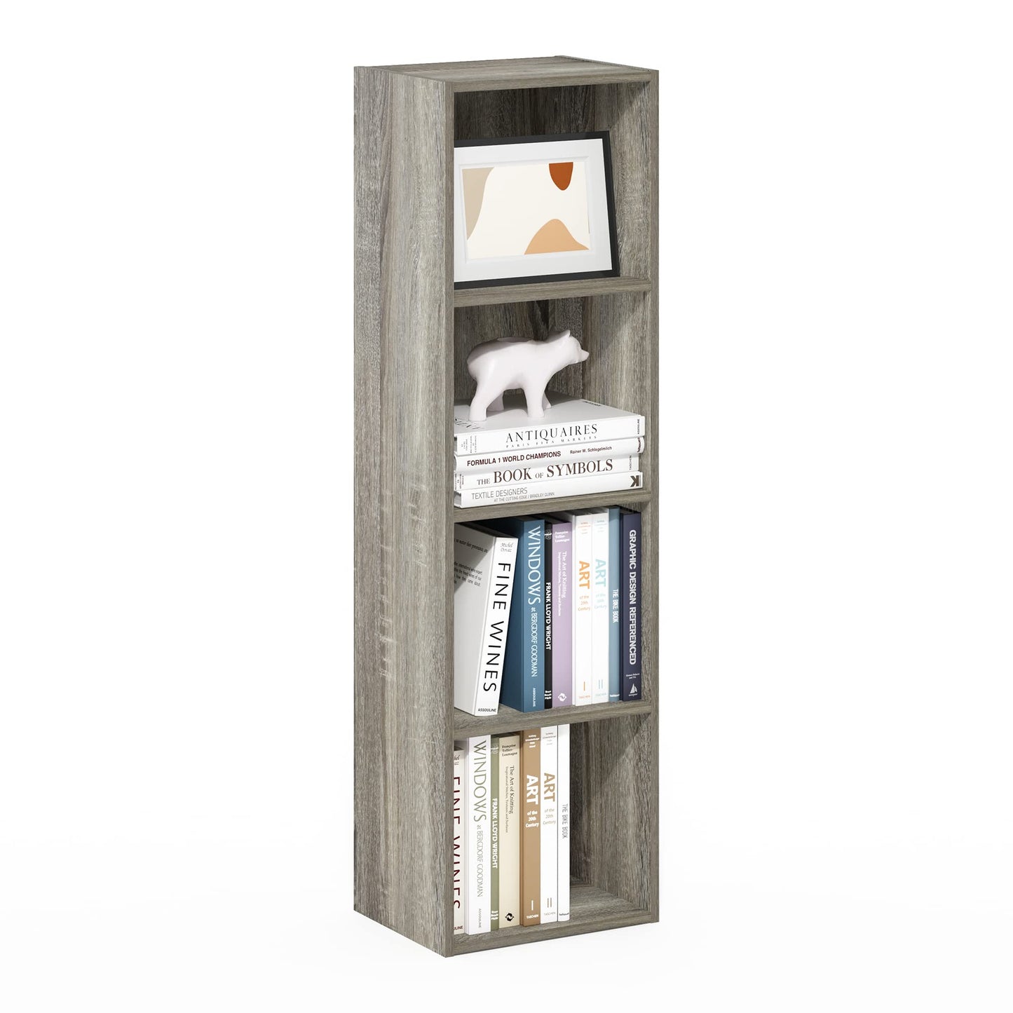 Furinno PASIR Book Shelf, 4-Tier Modern Bookshelf, Open Shelves Bookcase 9 x 12 x 42, for Living Room, Bedroom, Home Office, French Oak