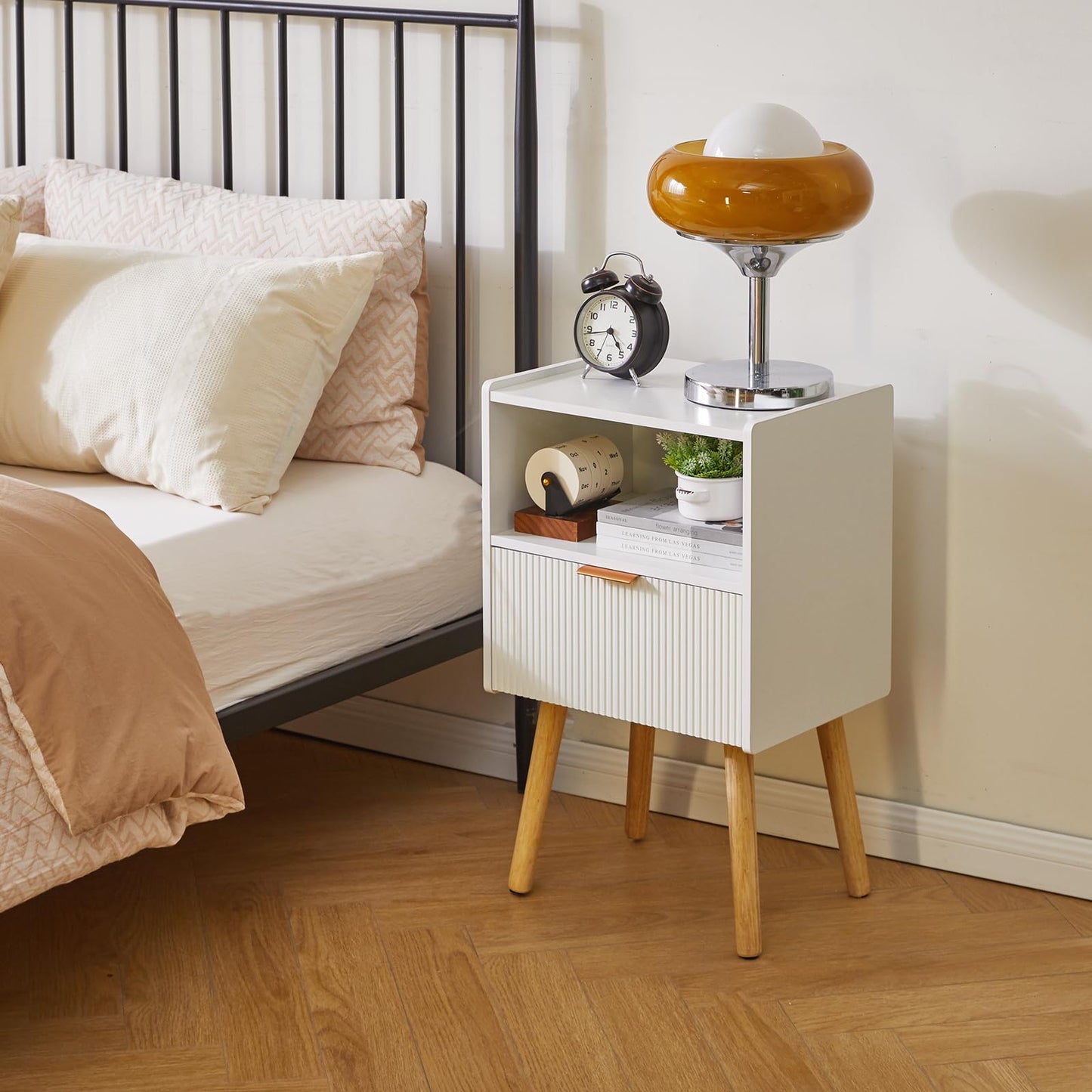Aibiju Modern Nightstand, Bedside Tables with Drawer, 2-Tier Night Table, Mid Century Nightstands with Open Storage Shelf