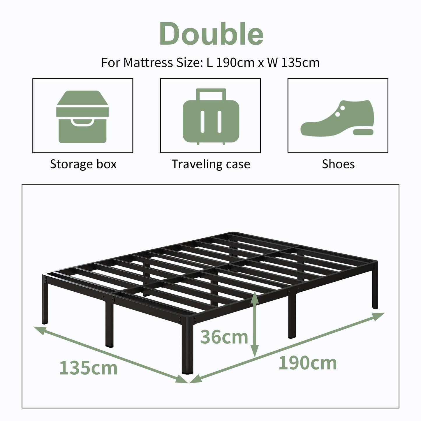 Lutown-Teen Double Bed Frame 4ft6 with Rounded Corner Legs, Heavy Duty Metal Bed Frame Small Double with Steel Slats Support, Double Bed 36 cm High,