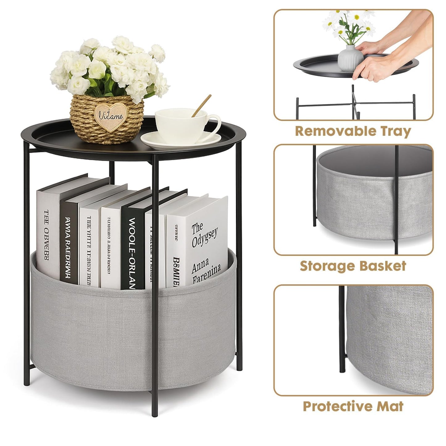 Rinkgarden Round Side Table with Fabric Basket, Modern and Sturdy, Metal End Table for Living Room, Bedroom, Bedside Table, Nursery