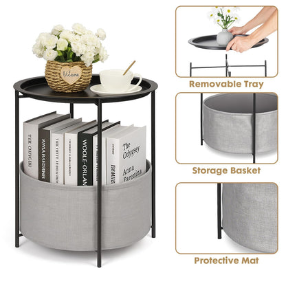 Rinkgarden Round Side Table with Fabric Basket, Modern and Sturdy, Metal End Table for Living Room, Bedroom, Bedside Table, Nursery