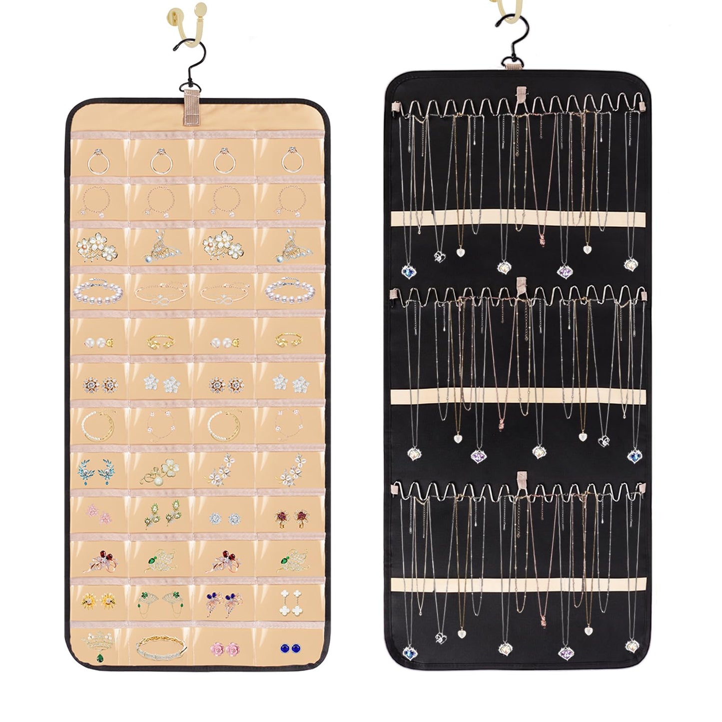 Minicoco 1Pcs Dual-sided Jewelry Organizer Hanging with Metal Hooks,Hanging Jewelry Organizer 48 Pockets and 3 Wave-Shaped Hooks,Jewelry Roll for