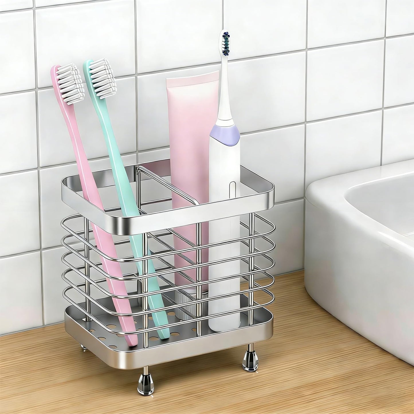 DOJASOHILMI Toothbrush Holders for Bathroom, 2 Shot Small Ventilated Toothbrush Caddy, Tooth Brush Holder Set, Toothpaste Holder for Shower
