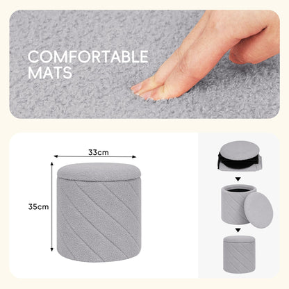PINPLUS Round Ottoman Storage Box, Folding Stool, Grey, 33x33x35 cm