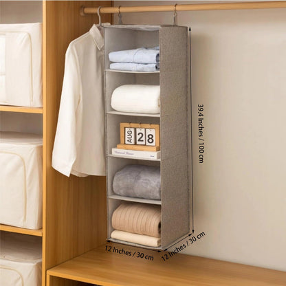 flaxarne Heavy-Duty Hanging Closet Organizer with Hook Foldable 5-Shelf Storage Shelves for Clothes Shoes Towels Undergarments 40 * 12 * 12 Inches