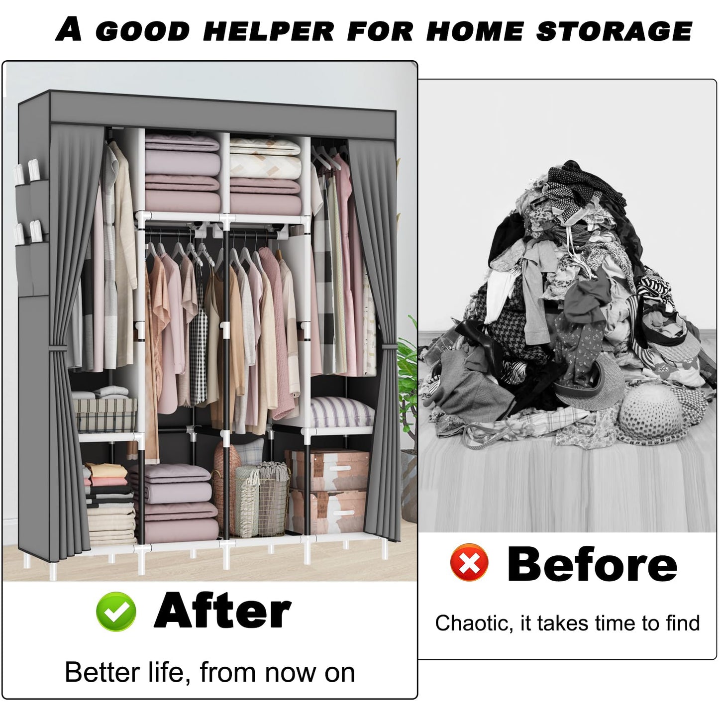 OPPAIYA Canvas Wardrobe, Fabric Wardrobes with 4 Hanging Rails, 4 Compartments and 8 Side Pockets, Zippered Pop Up Wardrobe