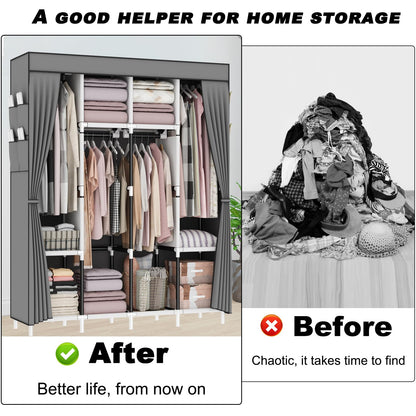OPPAIYA Canvas Wardrobe, Fabric Wardrobes with 4 Hanging Rails, 4 Compartments and 8 Side Pockets, Zippered Pop Up Wardrobe