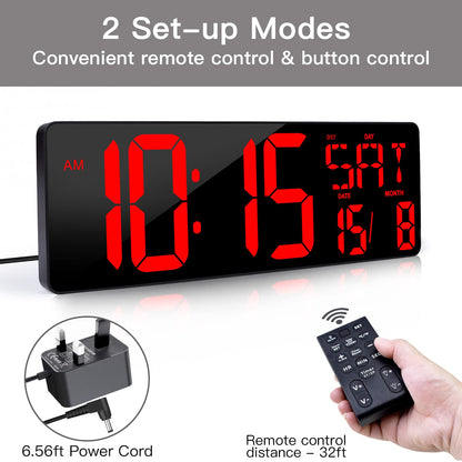 XREXS Large Digital Wall Clock with Remote Control, 16.5 Inch LED Large Display Count Up & Down Timer, Adjustable Brightness Alarm Clock with