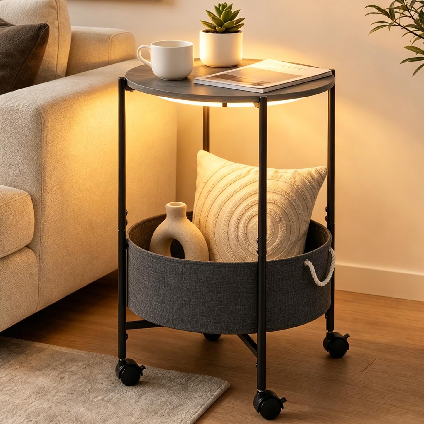 ARTETHYS Side Table, Small Side Coffee Tables for Living Room, End Table with LED Lights, Wheels, Storage Basket, Bedside Sofa Tables for Bedroom