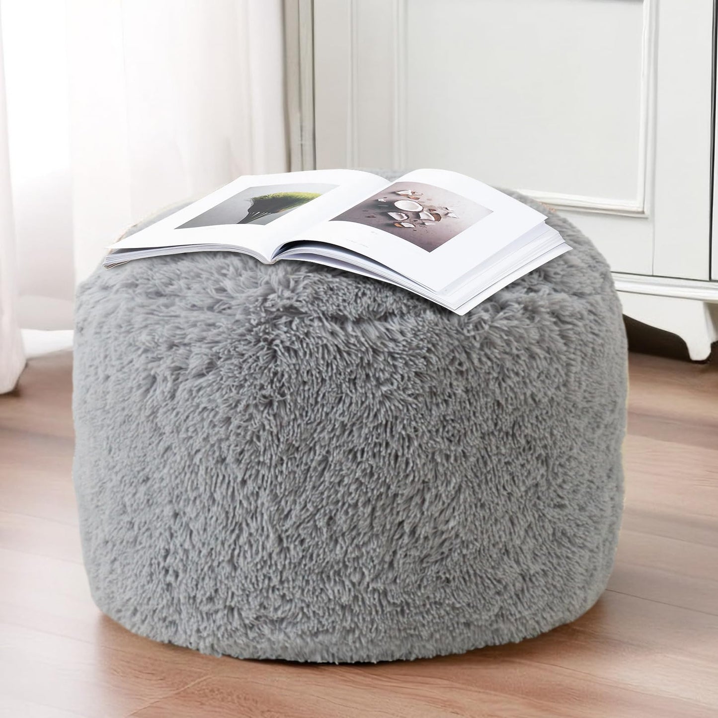 HIGOGOGO Faux Fur Beanbags Round Footstool Bean Bag Pouf with Foam Chunk Filling, 50 x 35 cm Floor Poufs Foot Rest for Living Room, Grey