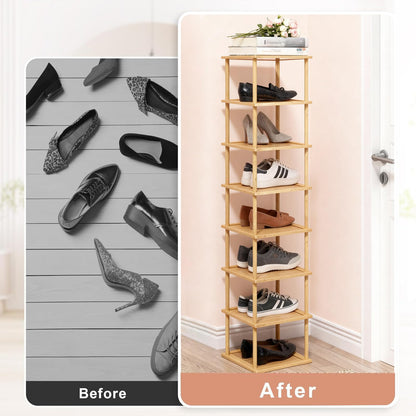 Aniston Bamboo Shoe Rack 8 Tier, Vertical Shoe Rack for Small Spaces, Free Standing Tall Narrow Shoe Organizer for Garage, Closet, Doorway, Corner