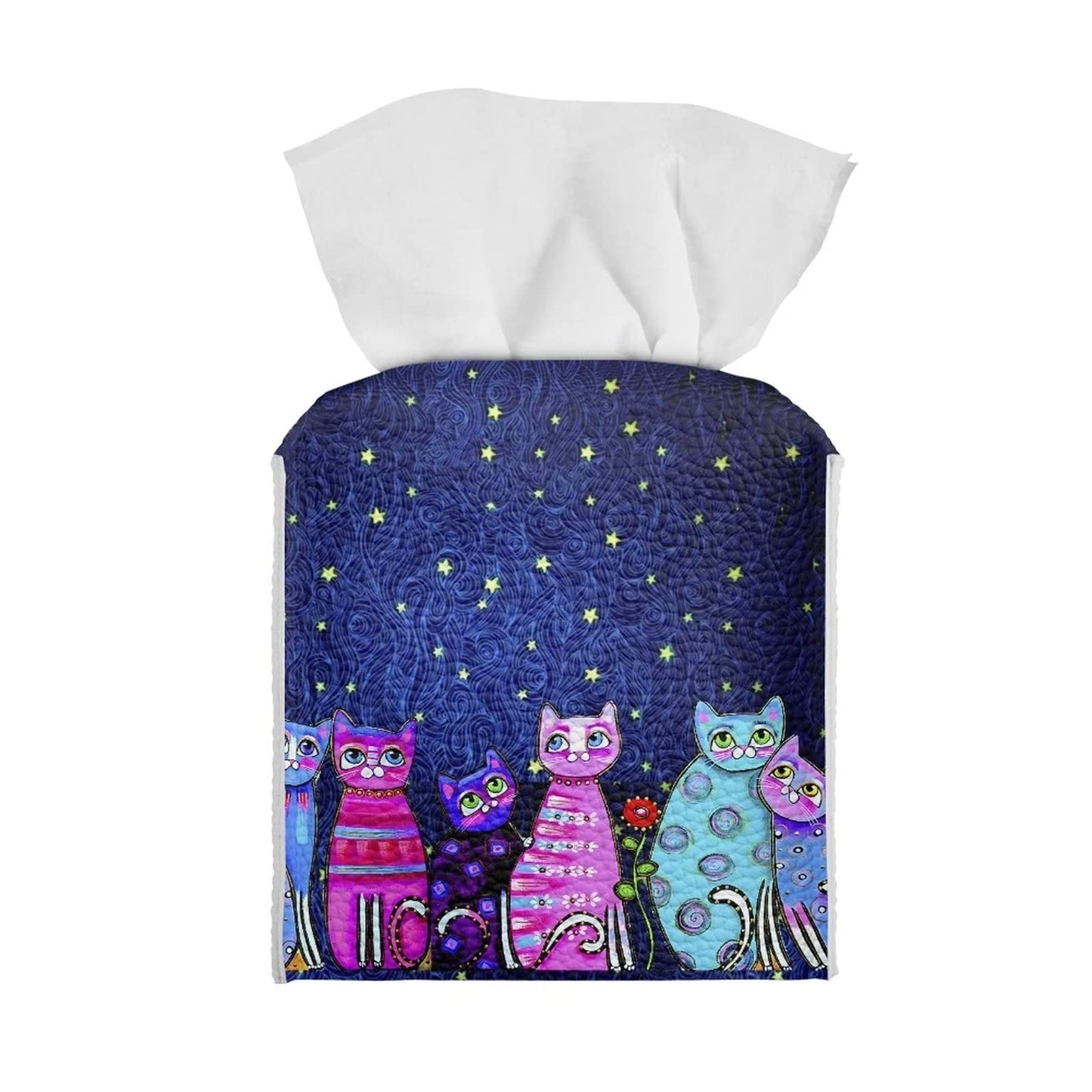 Poceacles Galaxy Cat Tissue Box Cover, PU Leather Square Tissue Box Holder for Bathrooms Vanity Countertop/Office/Car/Nightstand/Outdoor Tent/Dining
