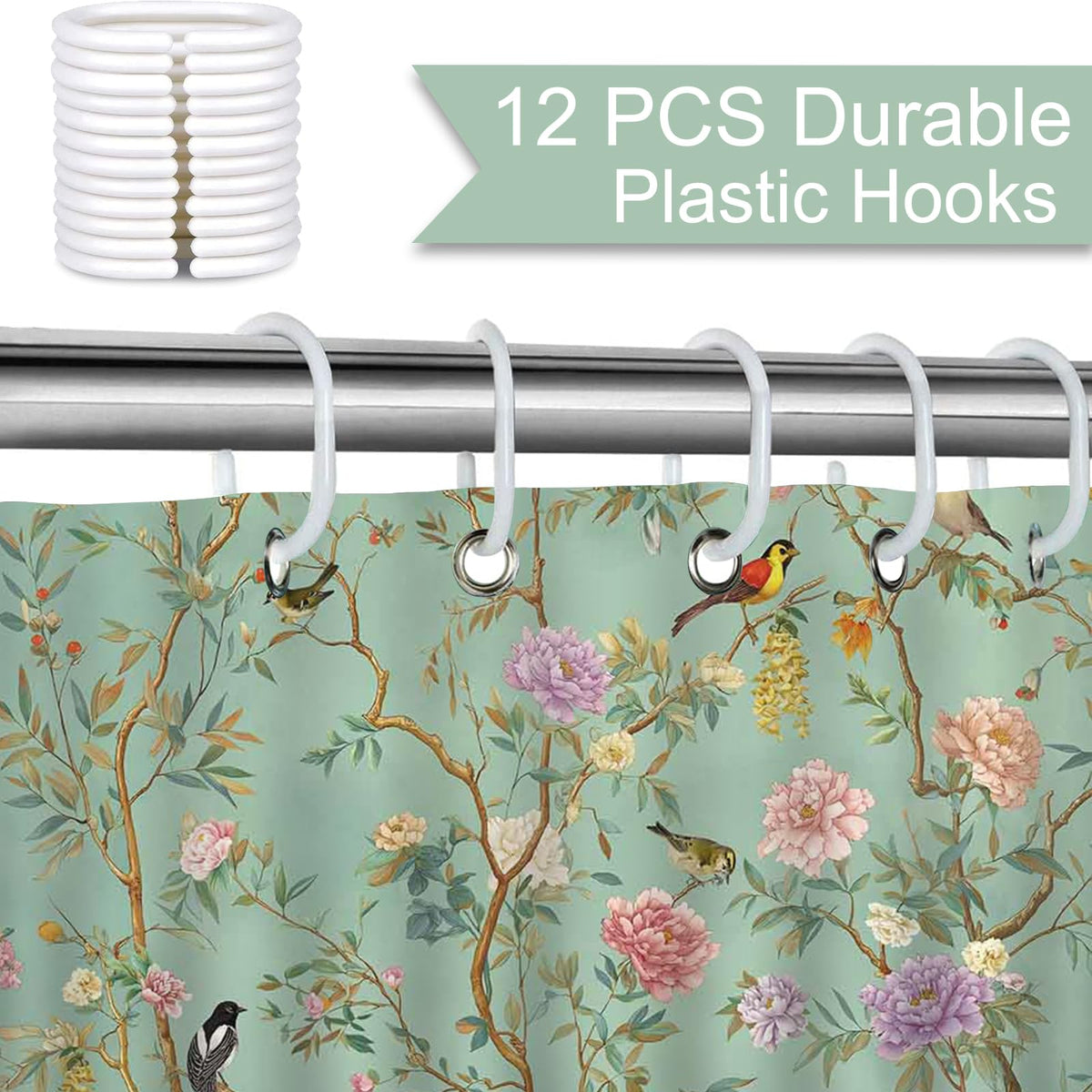 Avezano Bird Shower Curtain Bird Floral Green Bathroom Shower Curtain Spring Aesthetic Waterproof Fabric Shower Curtains Bathtub Decor with 12 Hooks