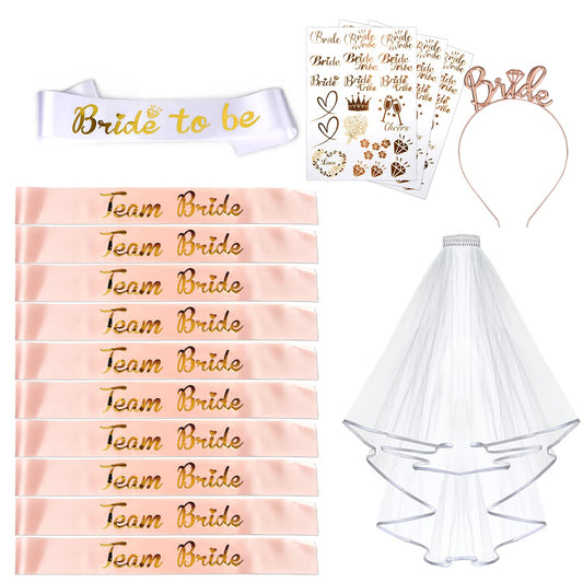 AniSqui Hen Party Accessories Set - Bride to Be Sash, Team Bride Sashes, Tattoos, Veil, Tiara - Night Out Essentials