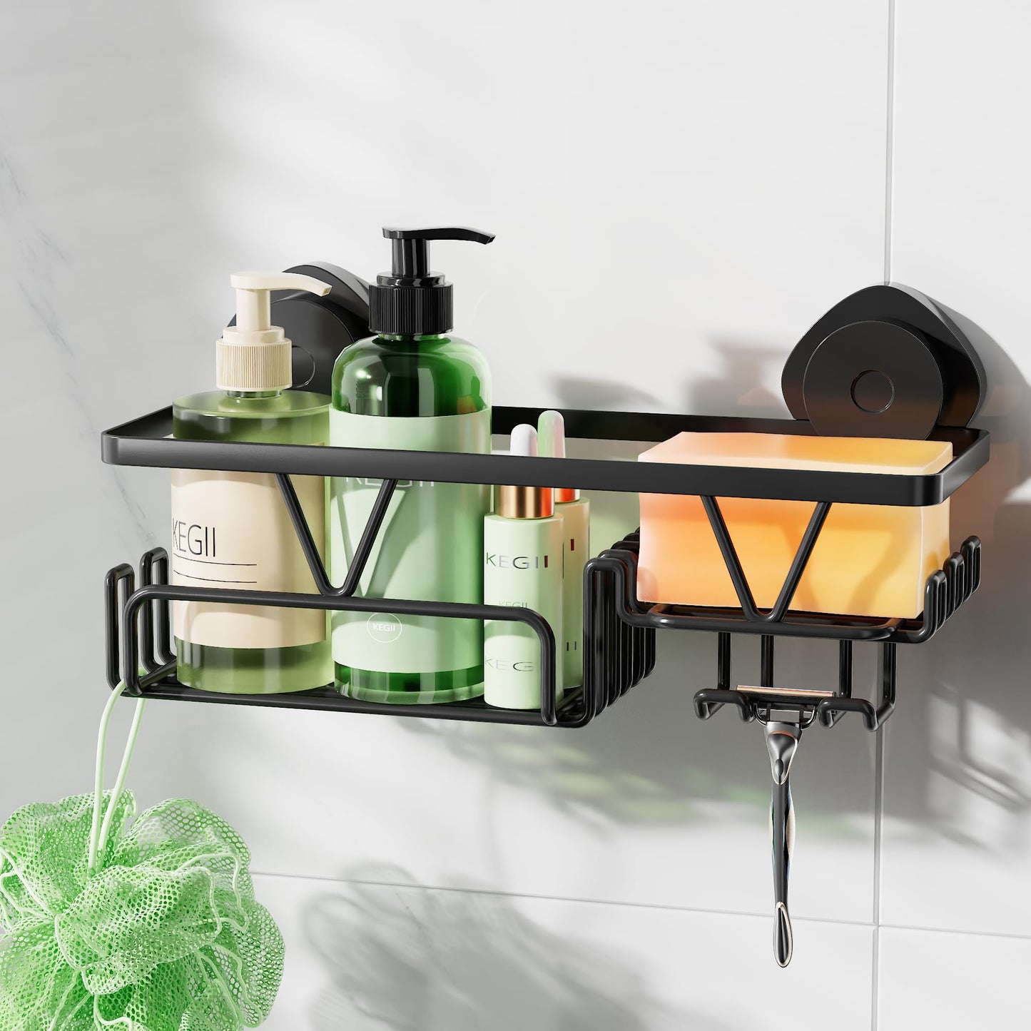 Kegii Shower Caddy Suction Cup - Suction Shower Shelf with Soap Dish & Razor Slot, Black Bathroom Organiser No Drilling