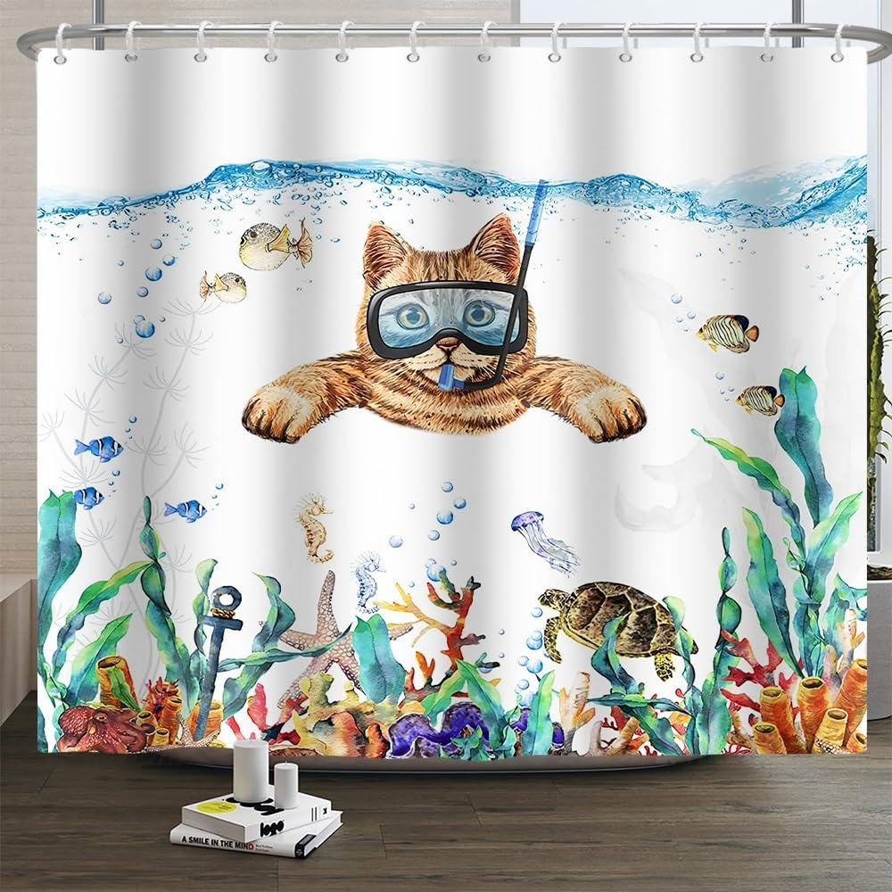 Xiaoterna Ocean Shower Curtain Bubble Marine Life Deep Sea Bathroom Curtain Cat Diving Shower Curtain Tropical Fish Turtle Shower Curtain Machine