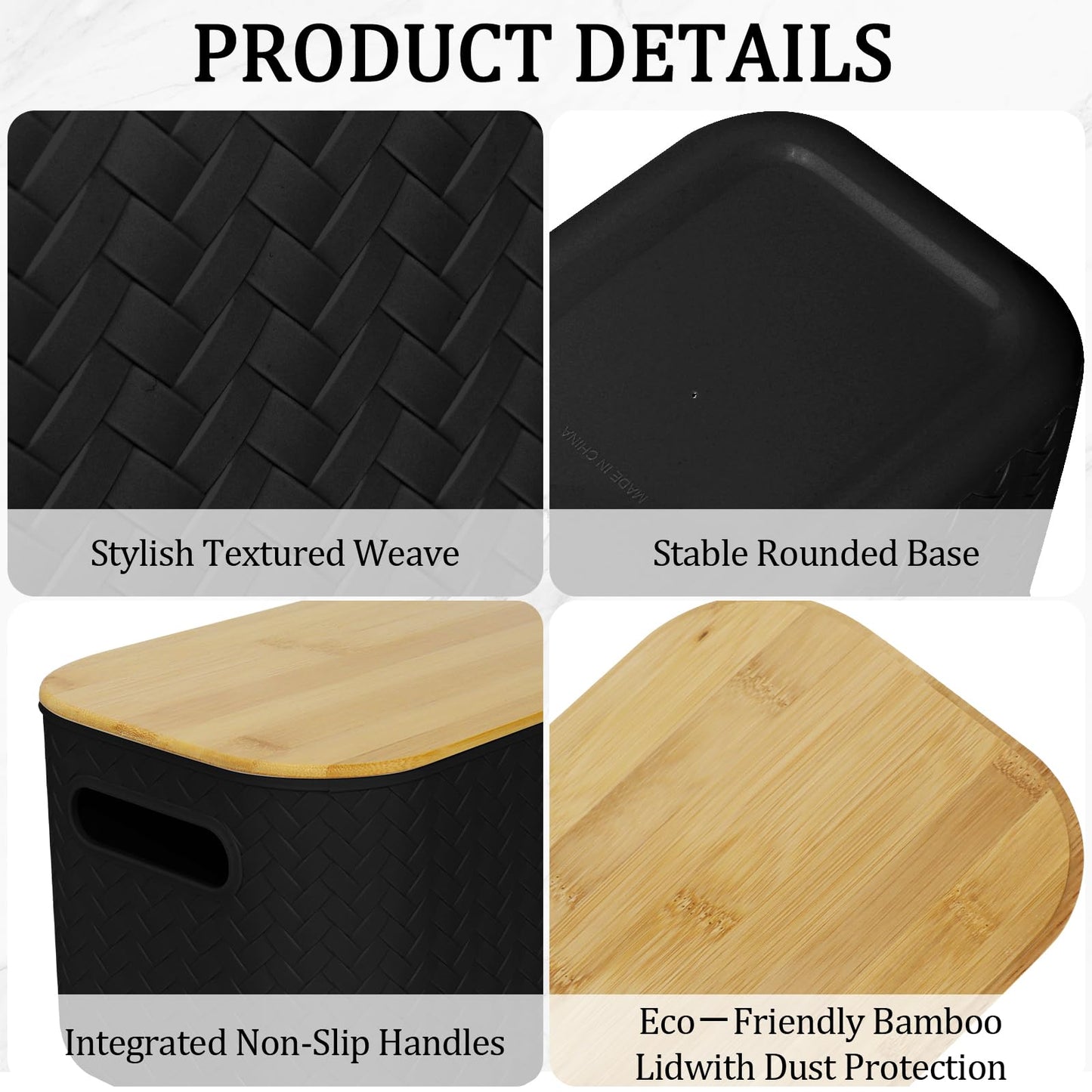RWFMO 4 Pcs Plastic Black Storage Baskets with Bamboo Lid for Bathroom