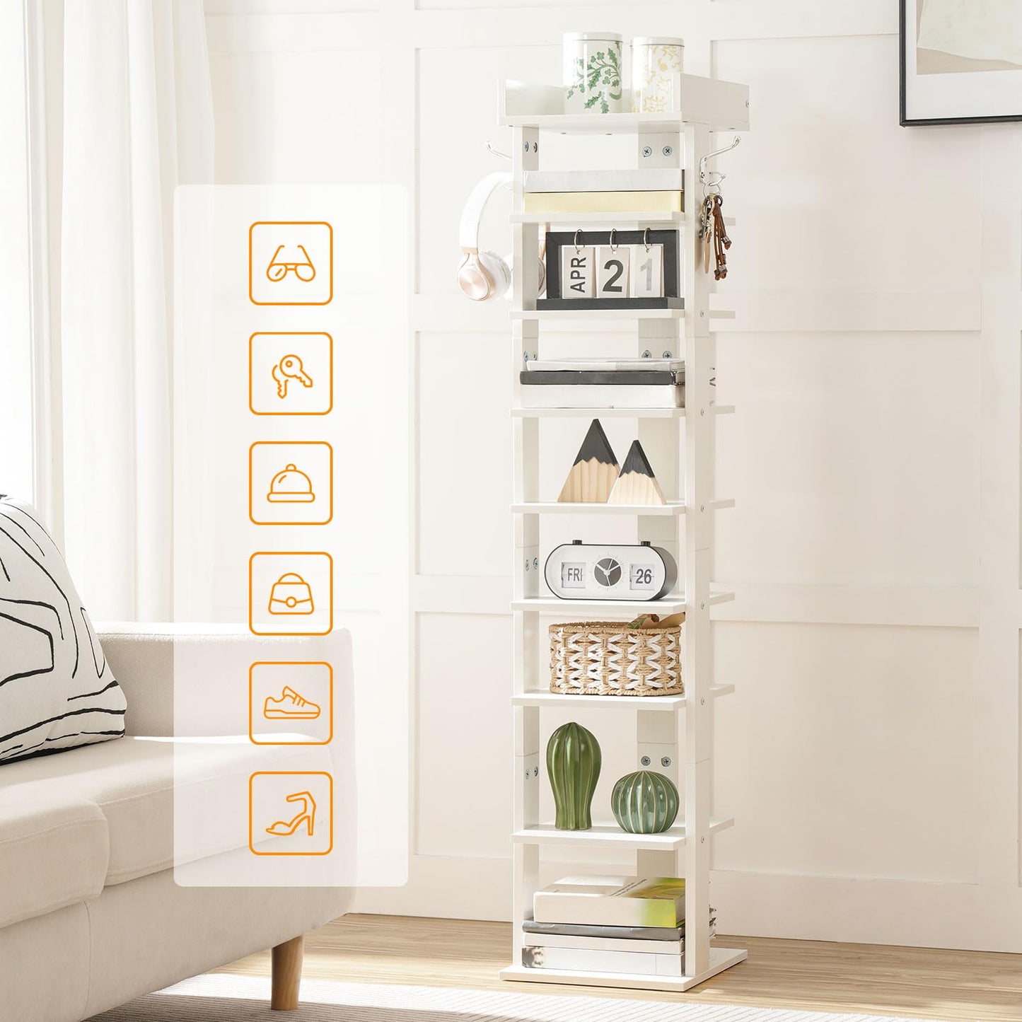 HOOBRO Narrow Shoe Rack, 9-Tier Tall Shoe Rack, Wooden Shoe Storage Organizer with 2 Hooks, Slim Shoe Shelf, Vertical Shoe Tower for Entrance, Living