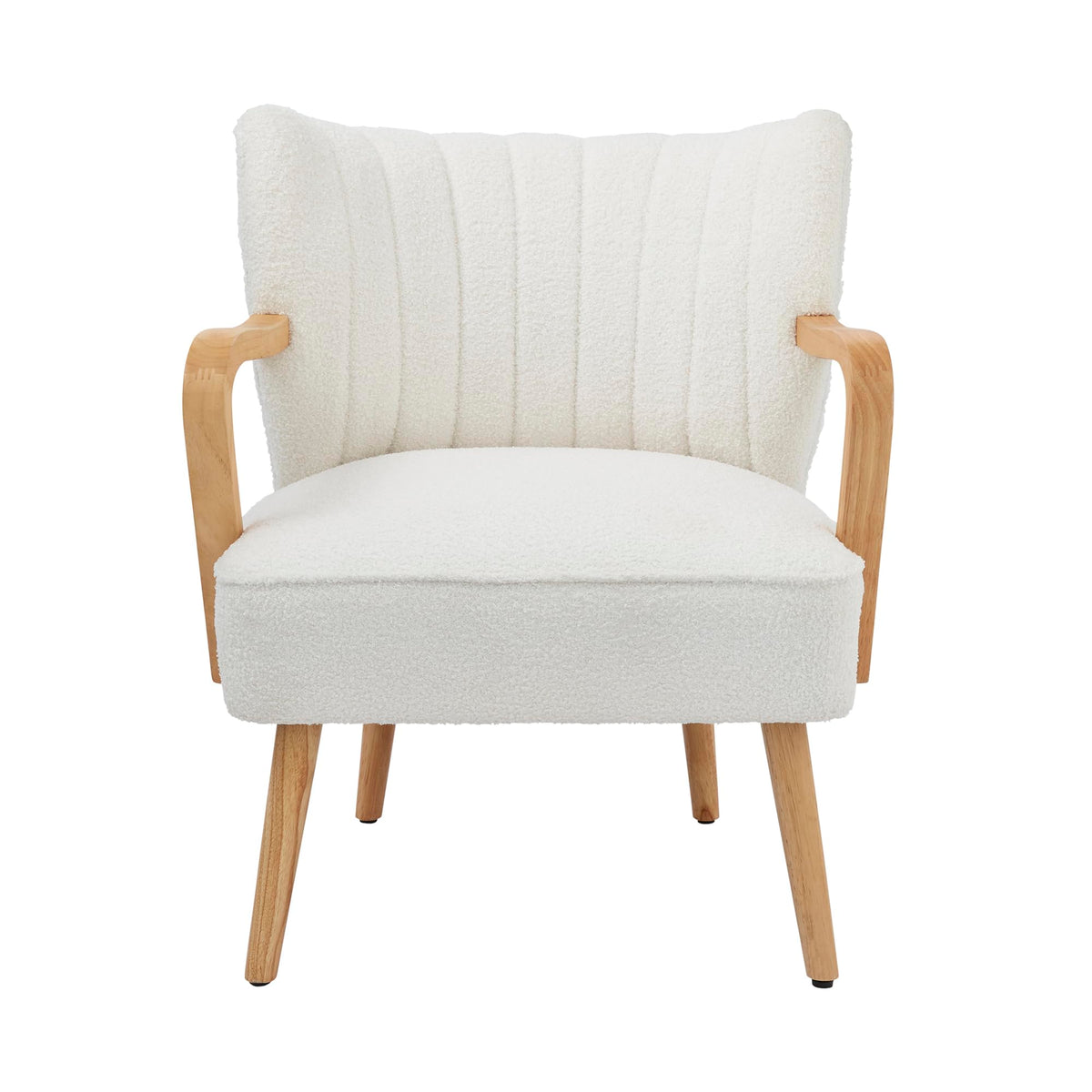 GFW Enzo Cream Teddy Accent Chair, Bouclé Upholstered Armchair with Wooden Arms and Scandi Style Design
