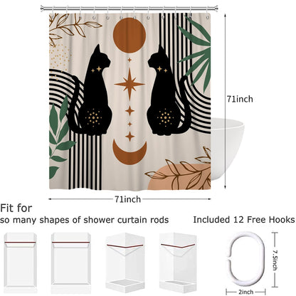 Boho Shower Curtain 180x180, Hnmdmyi Mid Century Abstract Black Cat Leaf Moon Star Beige Bathroom Curtains Modern Terracotta Aesthetic Art Waterproof
