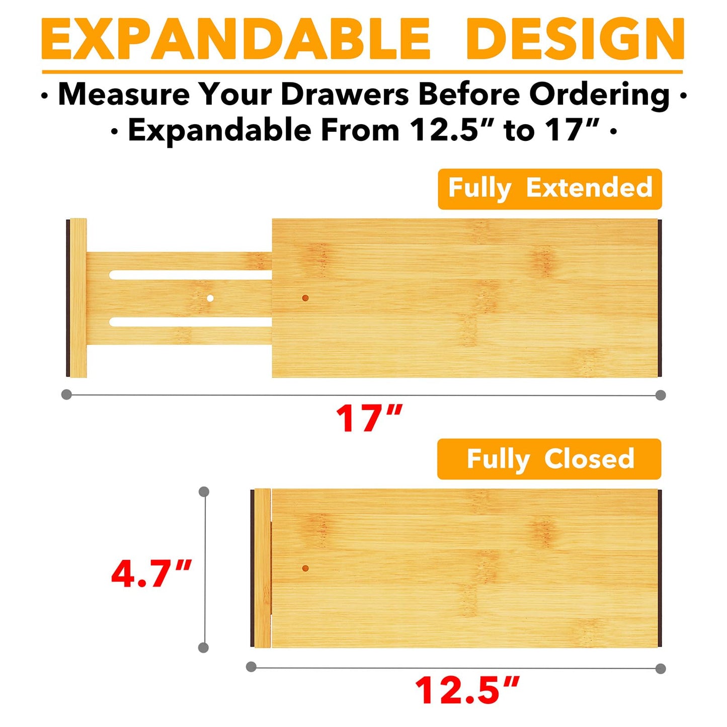 SpaceAid WIAONE Bamboo Dresser Drawer Dividers 6 Pack, 4.65“ High Adjustable 12.5“-17” Drawer Organizers, Expandable Organization for Clothing